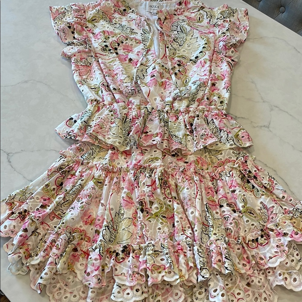 Misa Los Angeles Pink and Red Ruffled Tiered Sundress